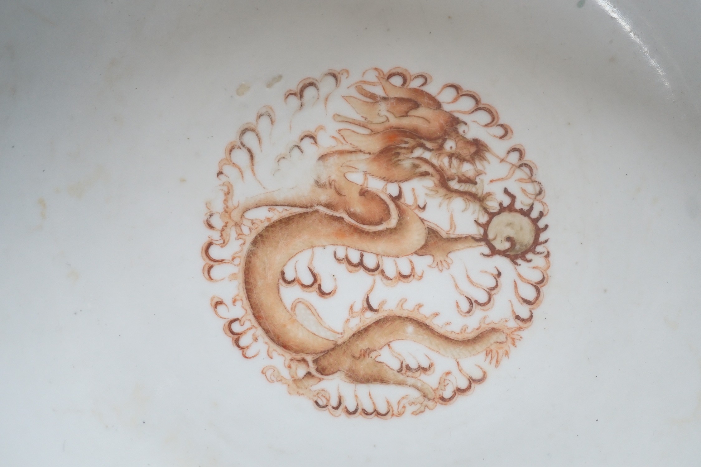 A 19th century Chinese famille verte powder blue bowl, 26cm diameter, wood stand